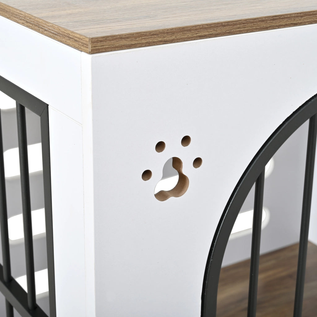 Scaffale 2 in 1 per cani con ciotole in acciaio rialzate struttura in MDF e metallo bianco e rovere chiaro
