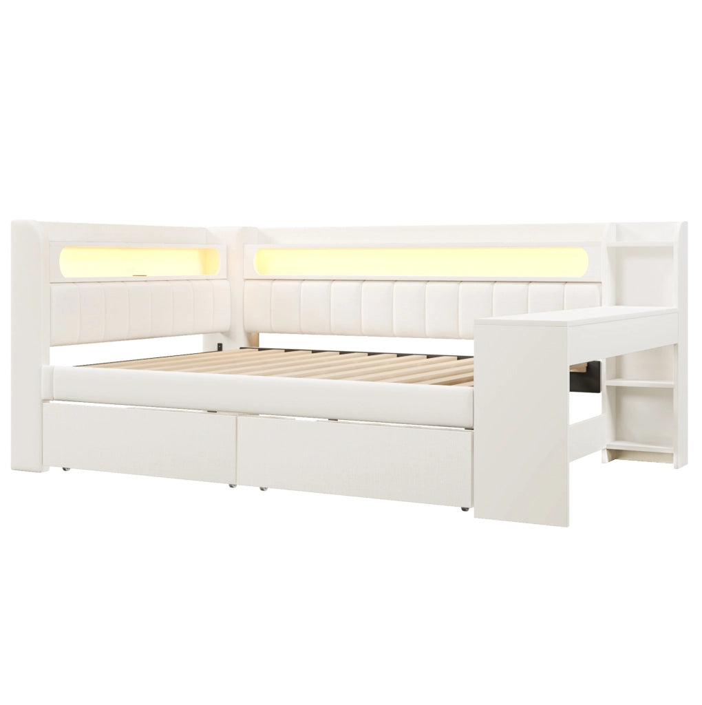 Letto imbottito 140x200 cm con LED; USB; scrivania e 2 cassetti in MDF e compensato bianco