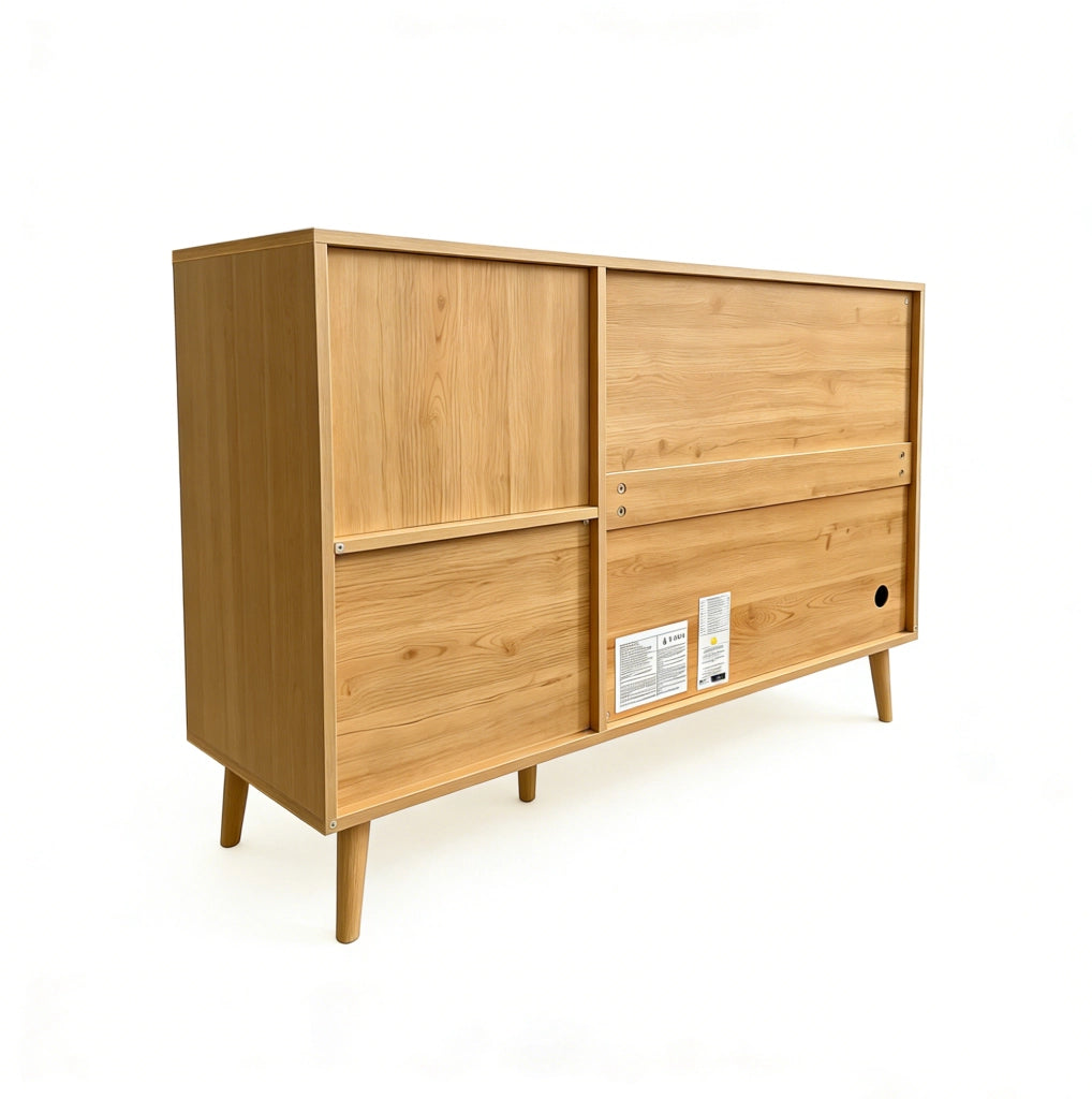 Credenza con 2 ante curve; 2 cassetti e vani aperti in MDF e truciolare; naturale