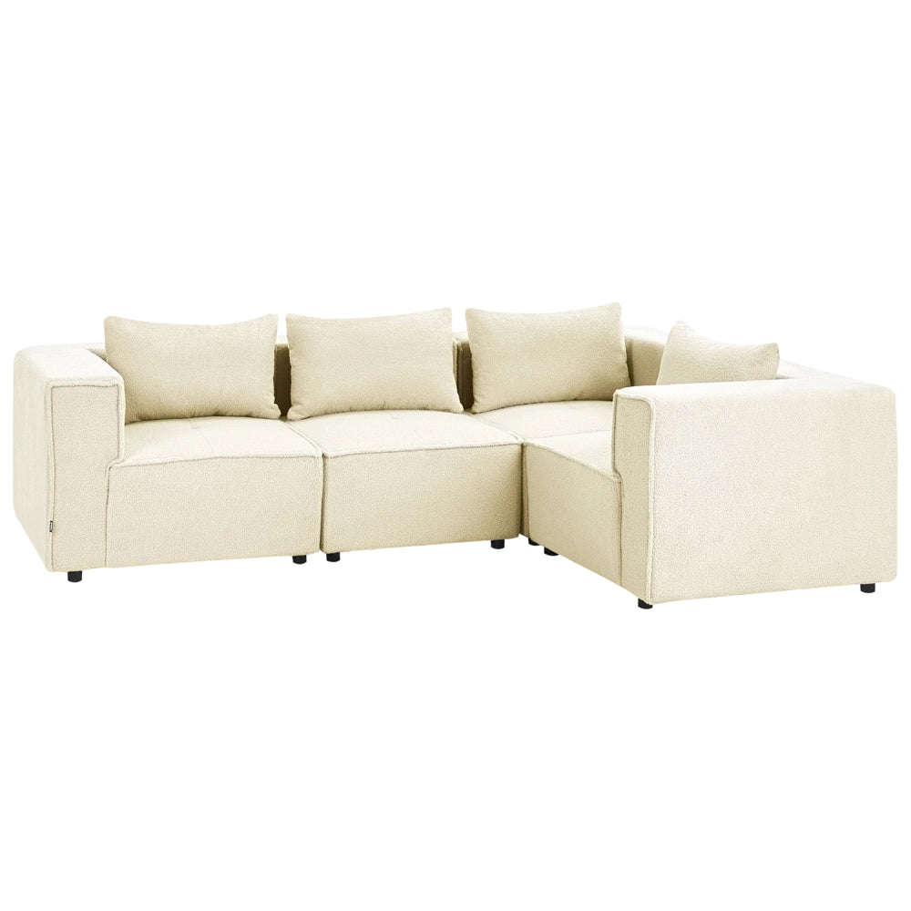 Divano a 4 posti in tessuto bouclè modulare bianco sporco lato sinistro stile minimale moderno