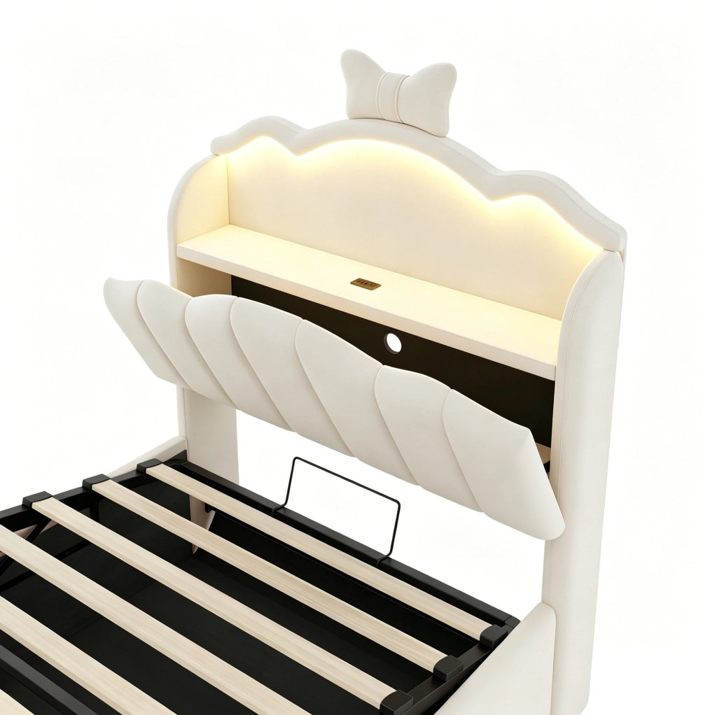 Letto imbottito per bambini 90 x 200 cm beige con LED e contenitore