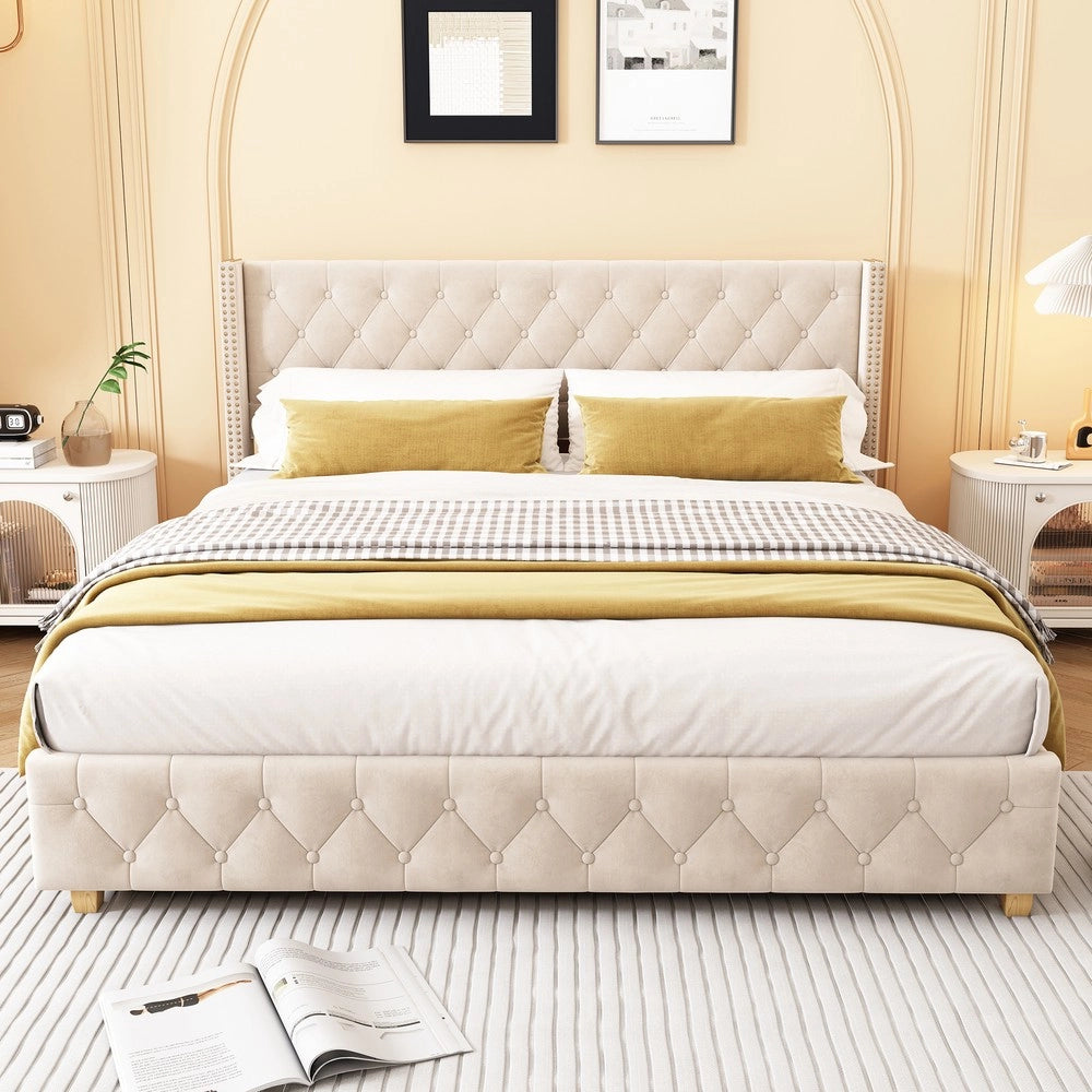 Letto imbottito con rete e testiera ¨C Minimal ¨C Velluto beige chiaro 160x200cm