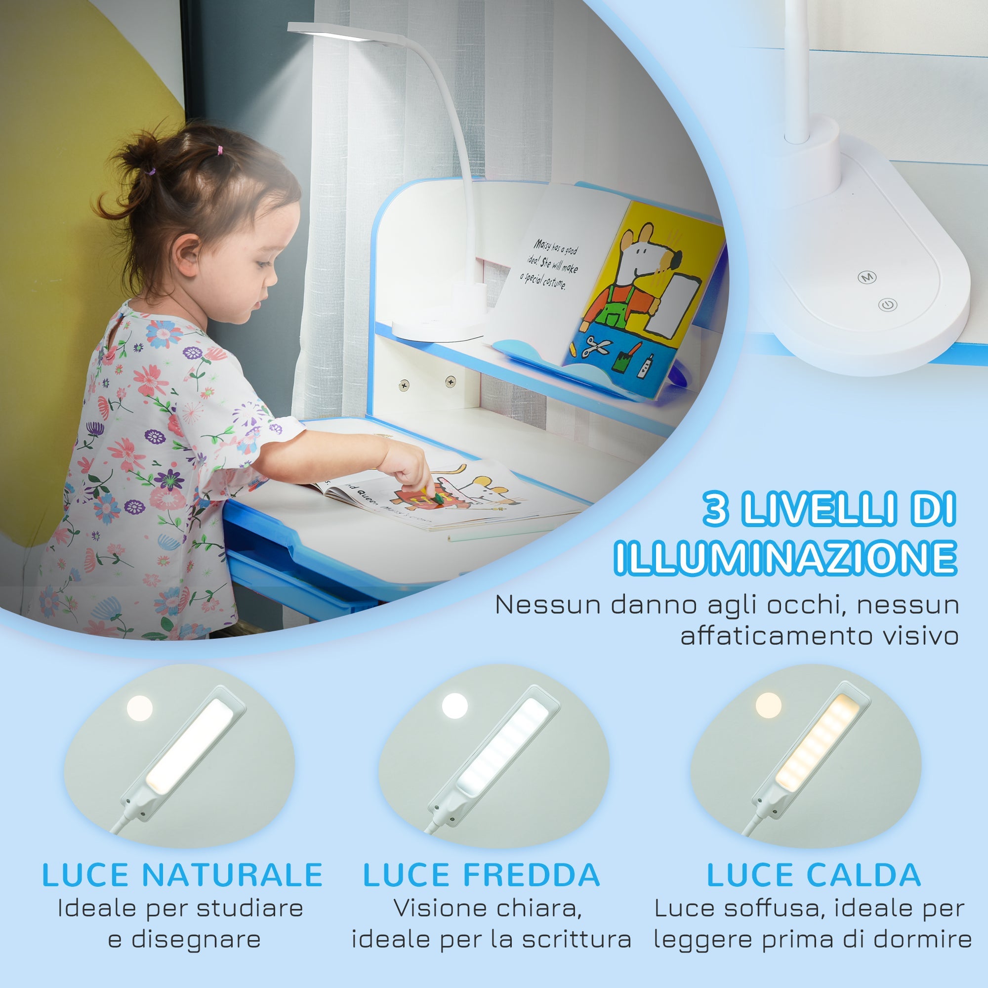 Banco Scuola per Bambini Regolabile con Luce LED Leggio e Portapenne Azzurro