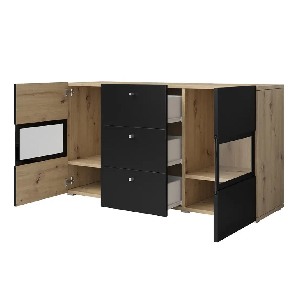 Buffet RAMOS 130 cm – Rovere e nero opaco super – LED multicolore integrate – 2 porte in vetro + 3 cassetti