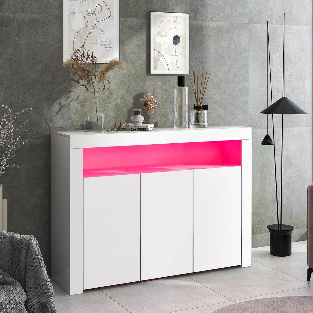 Credenza Vetrina con LED e Ante ¨C MINIMAL ¨C Bianco Lucido, Legno, 3 Ante