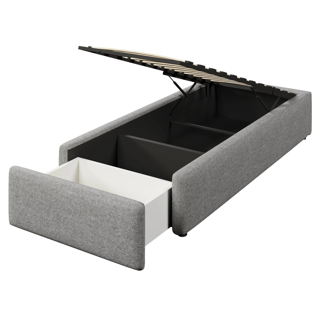 Letto imbottito 203x92x31 cm con contenitore idraulico e cassetto; rivestimento in cotone e lino grigio