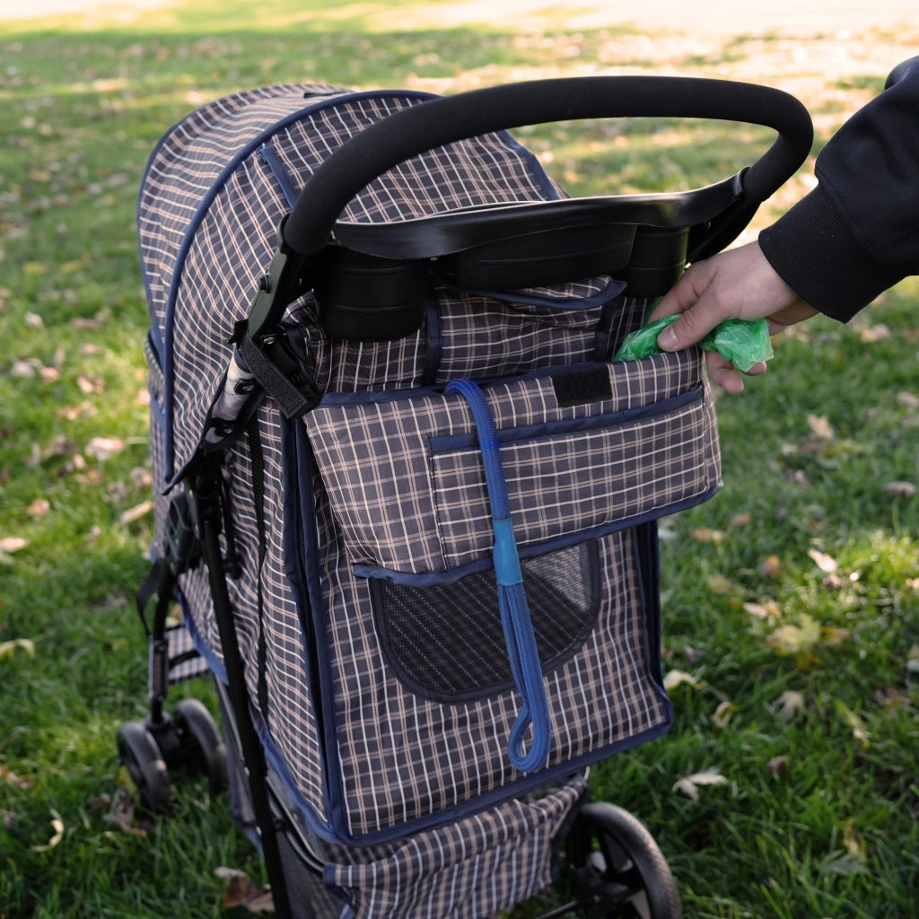 Organizer per Passeggino per Animali Blu Tartan con Cinghie a Strappo e Tasche