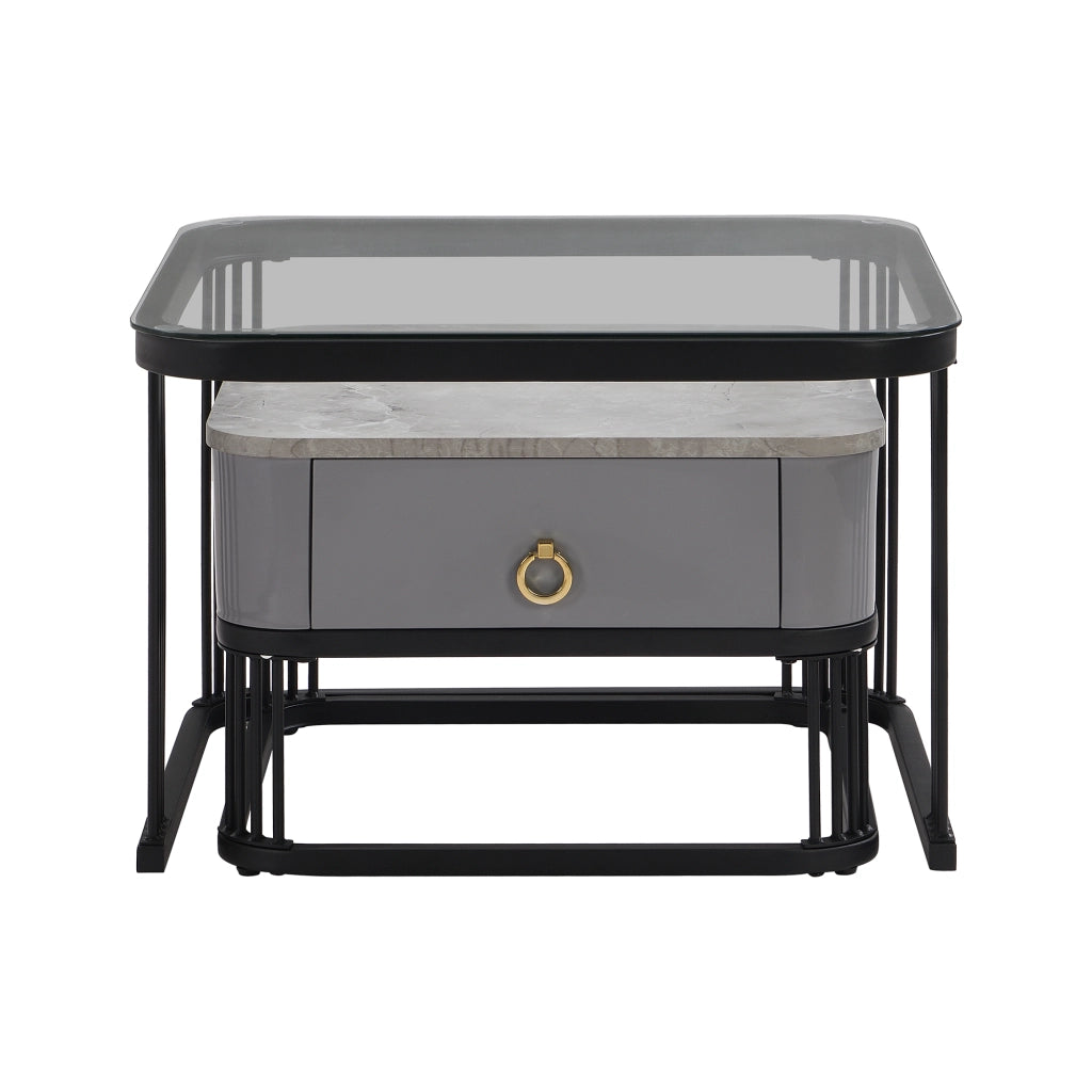 Tavolini da salotto modulari con 2 cassetti e piano effetto marmo in MDF colore nero e grigio