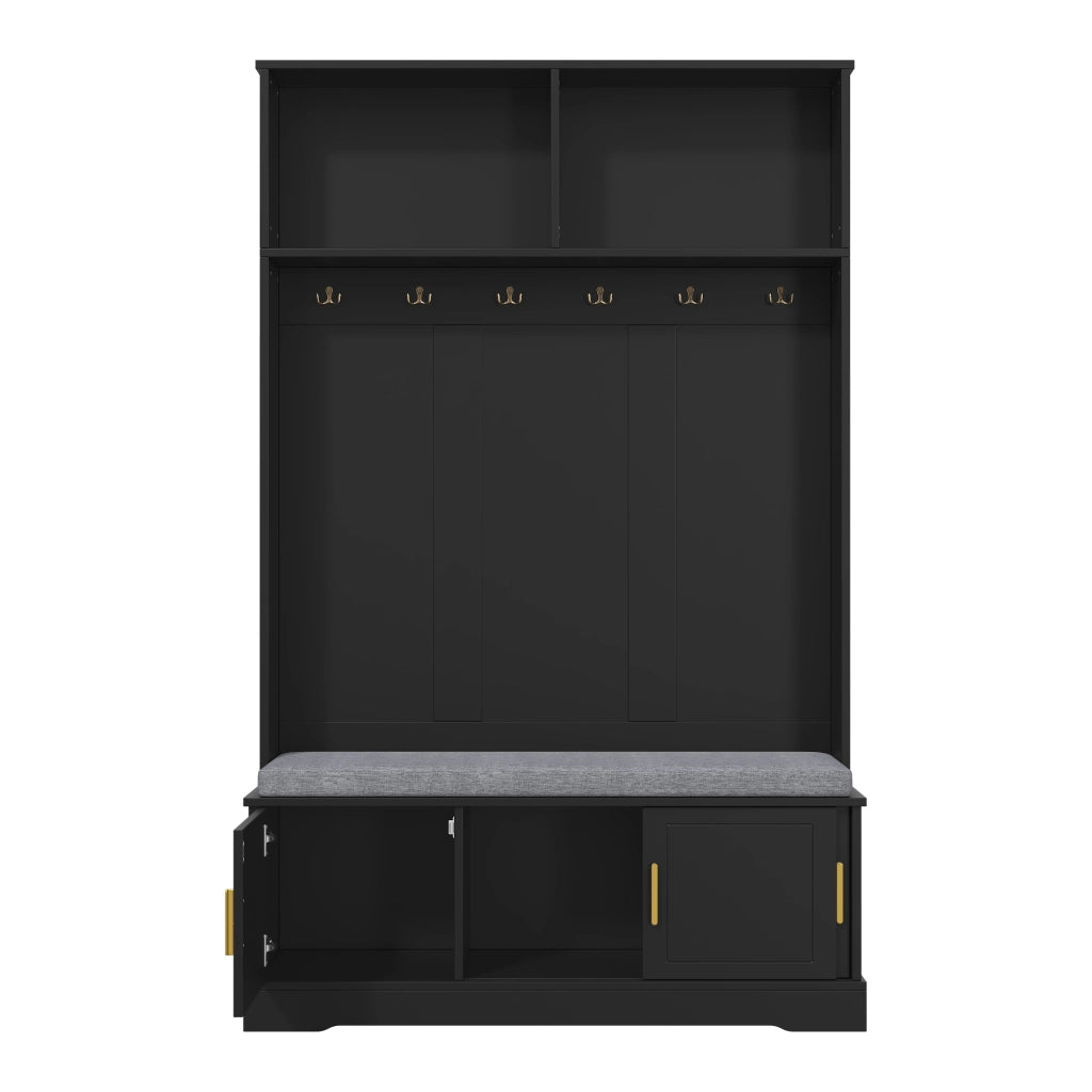 Mobile Ingresso con 6 Ganci; Panca Scarpiera e Ripiano Aperto; Stile Moderno; in Pannello Truciolare; Nero; 120??40??191 cm