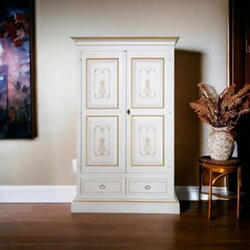 Armadio Verona in legno Shabby chicbianco decorato filo ocra