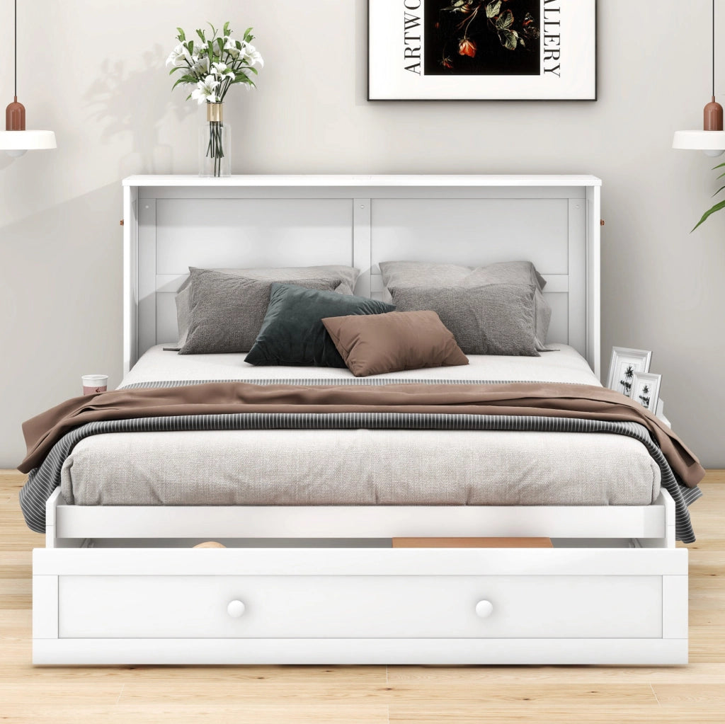 Letto a scomparsa 140x200 cm con cassetto e ripiani in pino e MDF bianco