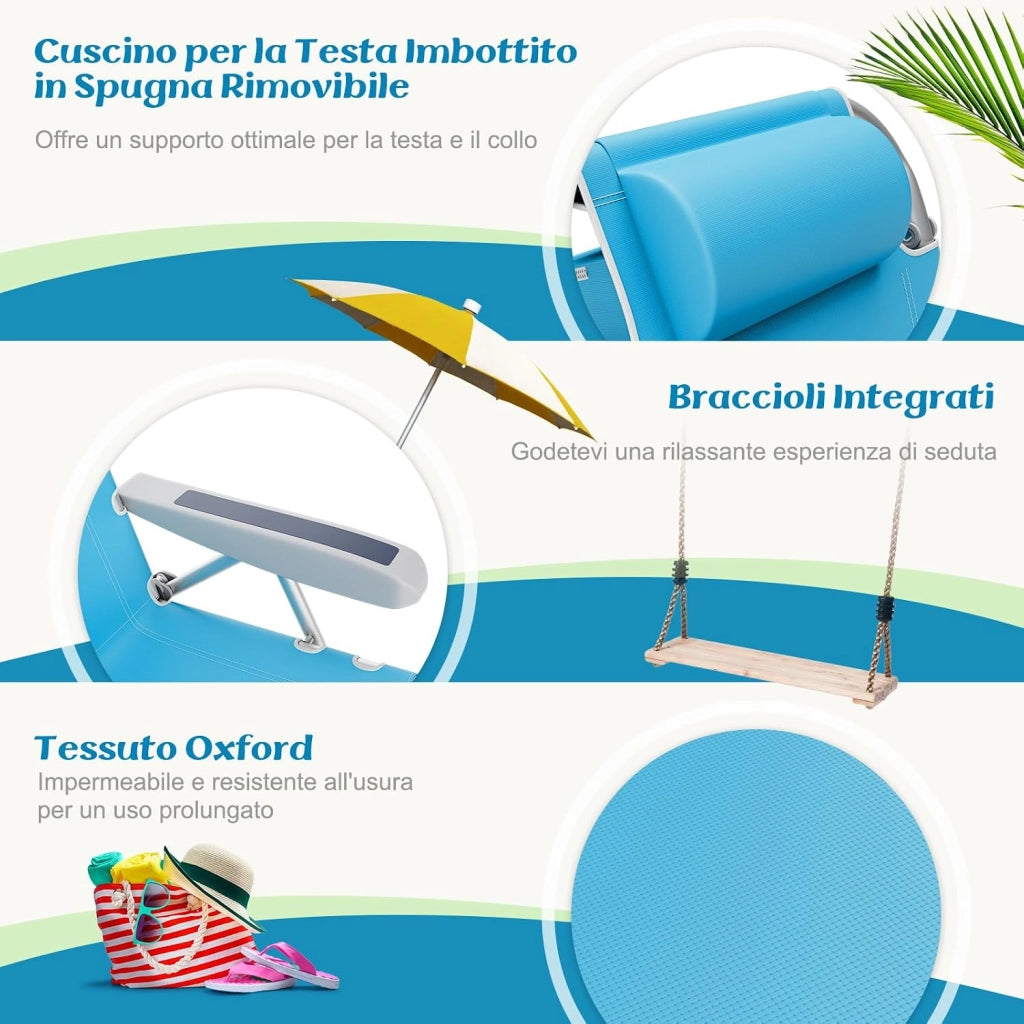 Sedia da Spiaggia, Sdraio Pieghevole a 5 Posizioni con Portabicchieri, Poltrona da Spiaggia con Cuscino per Testa e Zaino, Sedia da Campeggio Portatile, Portata 150 kg (Azzurro,1)
