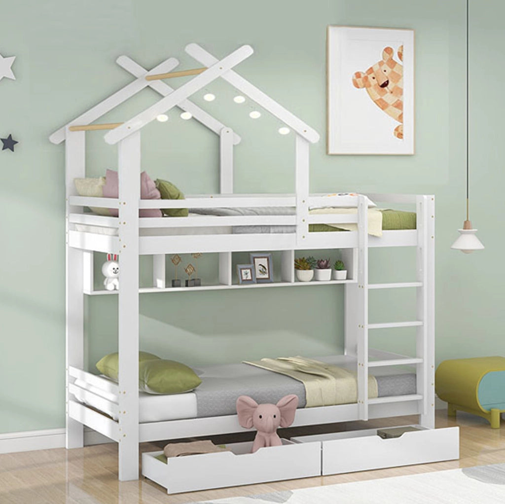Letto a castello con cassetti e mensole, struttura in legno, bianco 90x200 cm