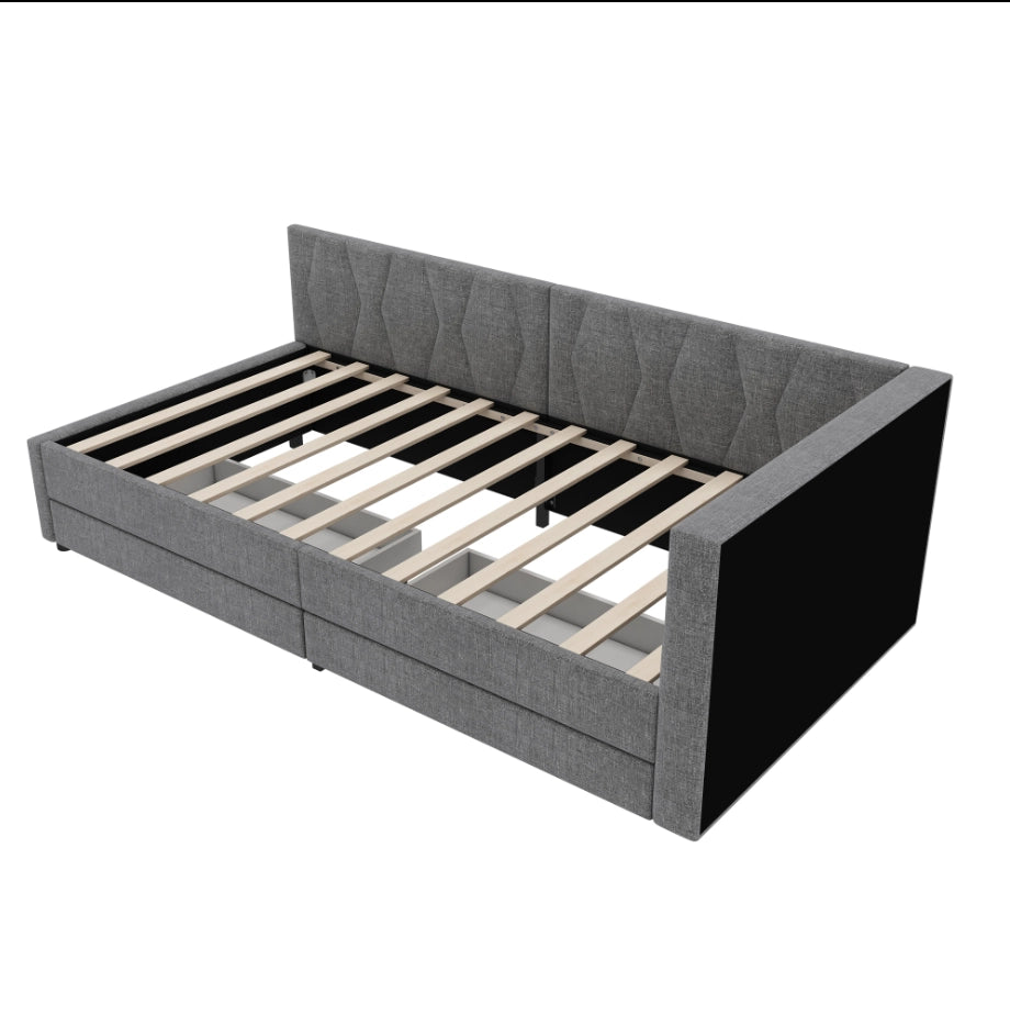 Daybed 90x200 Grigio Effetto Lino con 2 Cassetti; LED; USB Type-C e Vani Portaoggetti