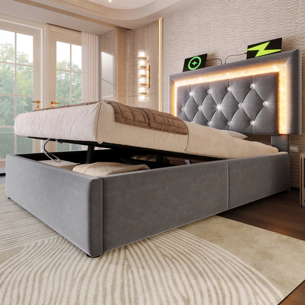 Letto imbottito in velluto 90x200 cm con LED, USB e contenitore