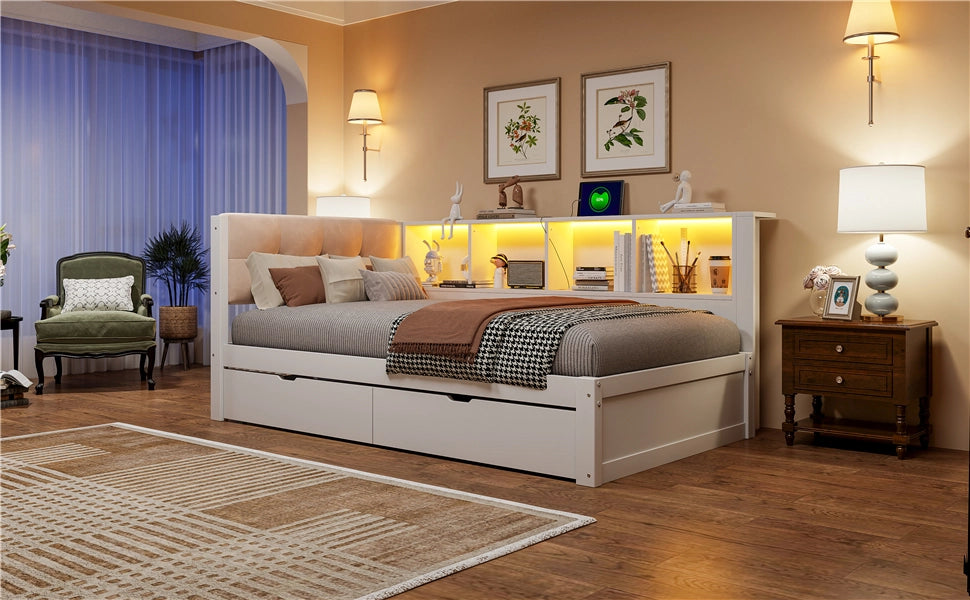 Letto singolo 90 × 200 cm con 2 cassetti, ripiani laterali, LED dimmerabile e USB, senza materasso, bianco