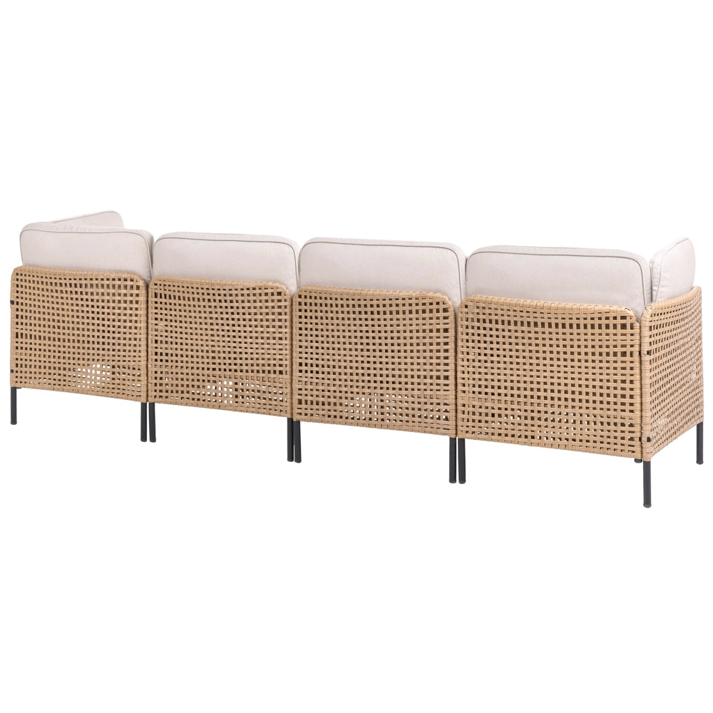 Divano da esterno con tavolino in rattan PE beige chiaro a 4 posti con struttura in metallo cuscini per seduta e schienale piano in vetro
