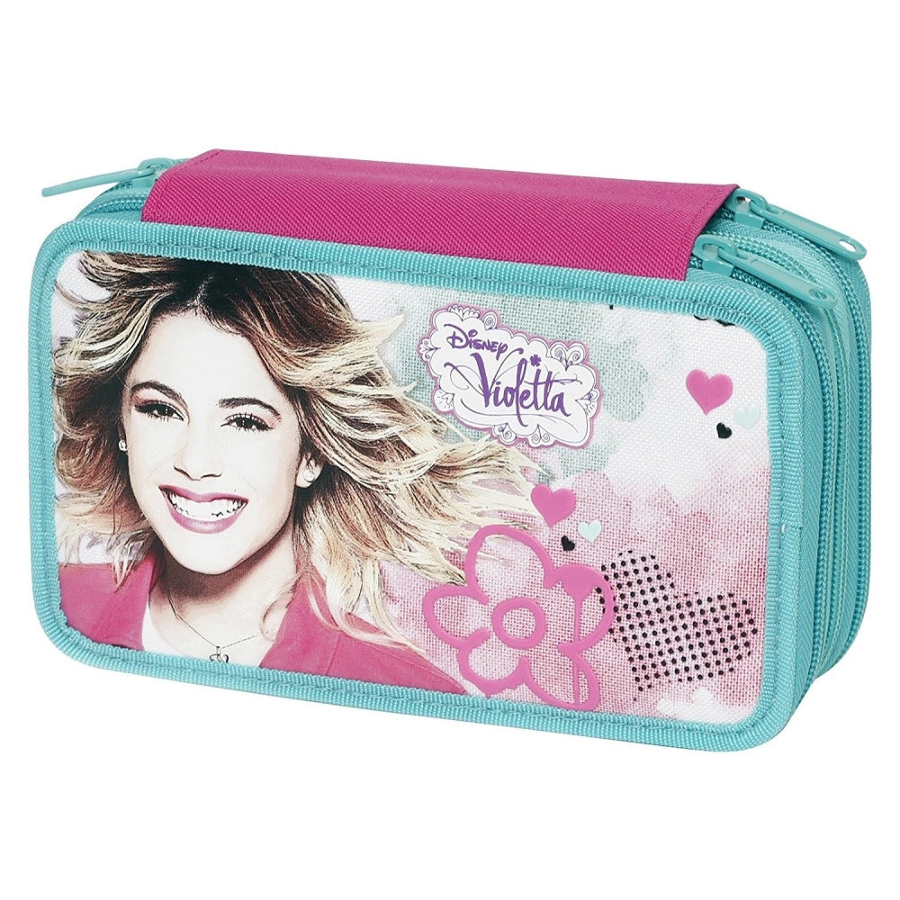 Trade Shop - Astuccio A 3 Zip Disney Violetta In Tessuto Completo Di Pastelli E Pennarelli -