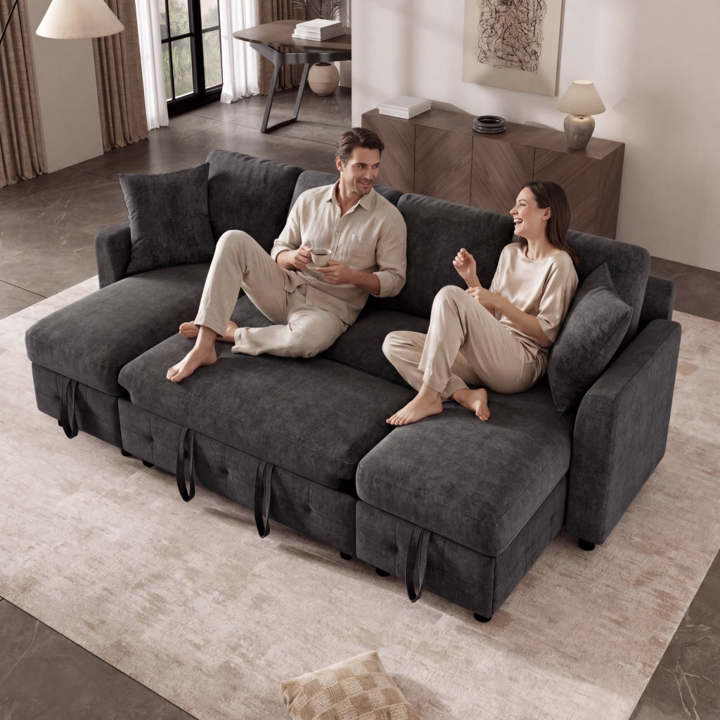 Divano letto angolare - con contenitore; USB e Type-C - in chenille grigio scuro