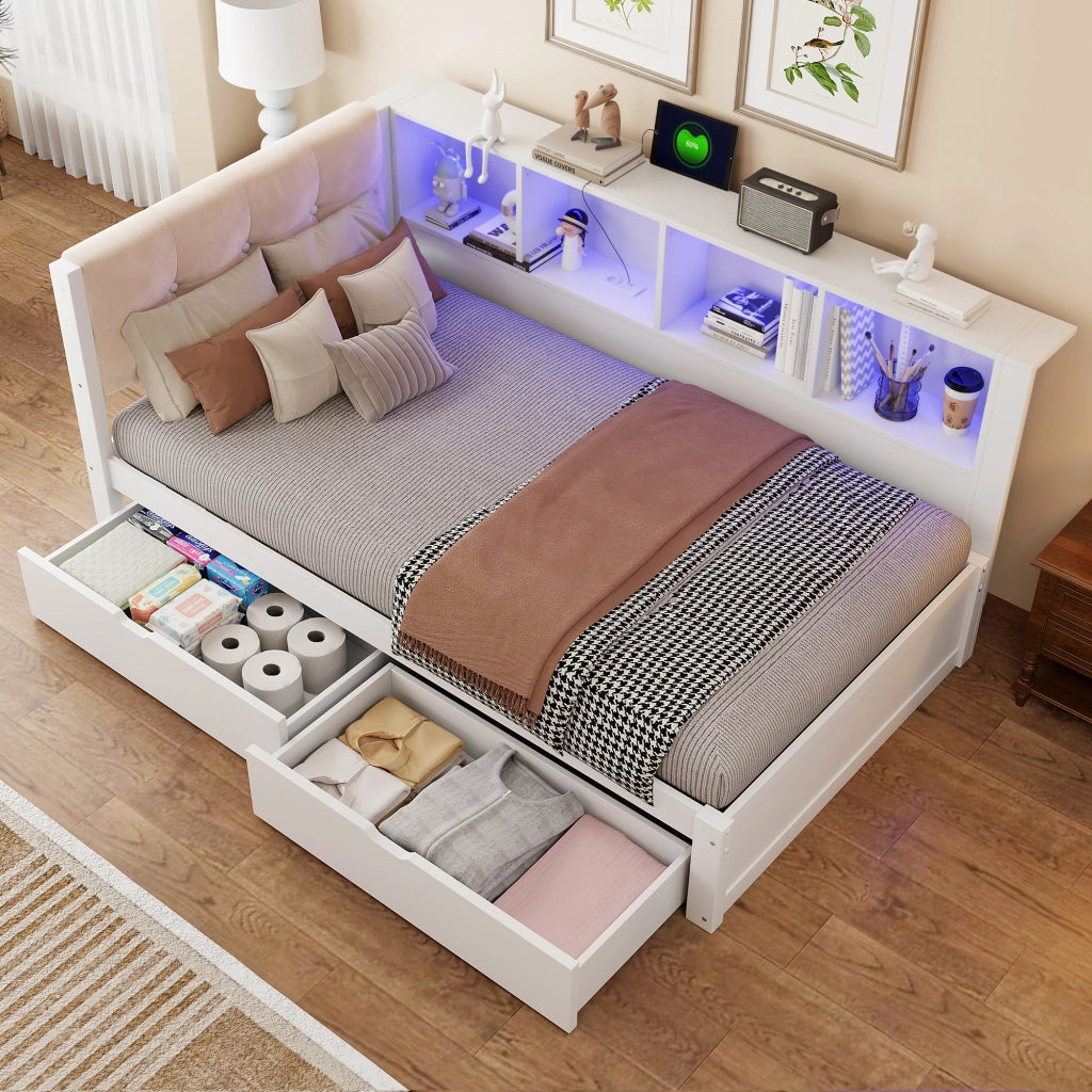 Letto singolo 90 × 200 cm con 2 cassetti, ripiani laterali, LED dimmerabile e USB, senza materasso, bianco