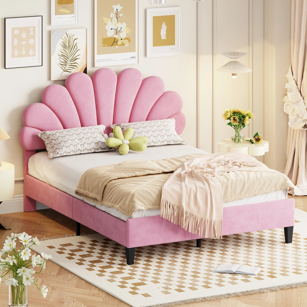 Letto imbottito 140x200 cm rosa con testiera a fiore