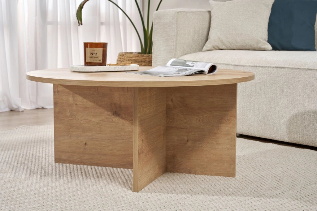 Simbario, Tavolino da Salotto Forma Rotondo, 90x90x40h cm Marrone Rovere