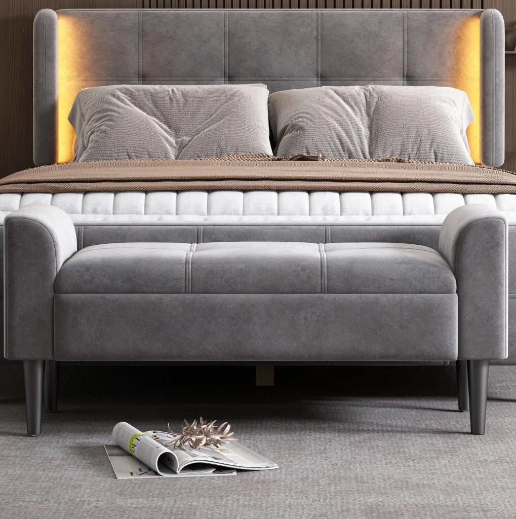 Panca imbottita 116x44x56 cm con bracciolo e motivo trapuntato in velluto e MDF grigio