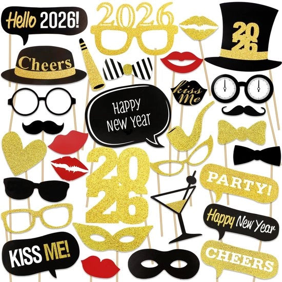 Accessori per cabina fotografica 26 pezzi - Set vario - Decorazioni per la notte di San Silvestro - Accessori per festa - Inclusi occhiali e barbe - Accessori per eventi