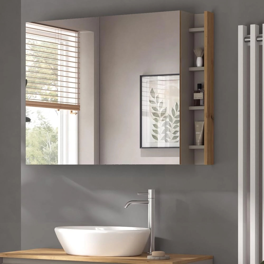 Specchio contenitore bagno Edelin, Cachemire, 100 x 75 cm con ripiani, per montaggio a parete con superficie a specchio integrata