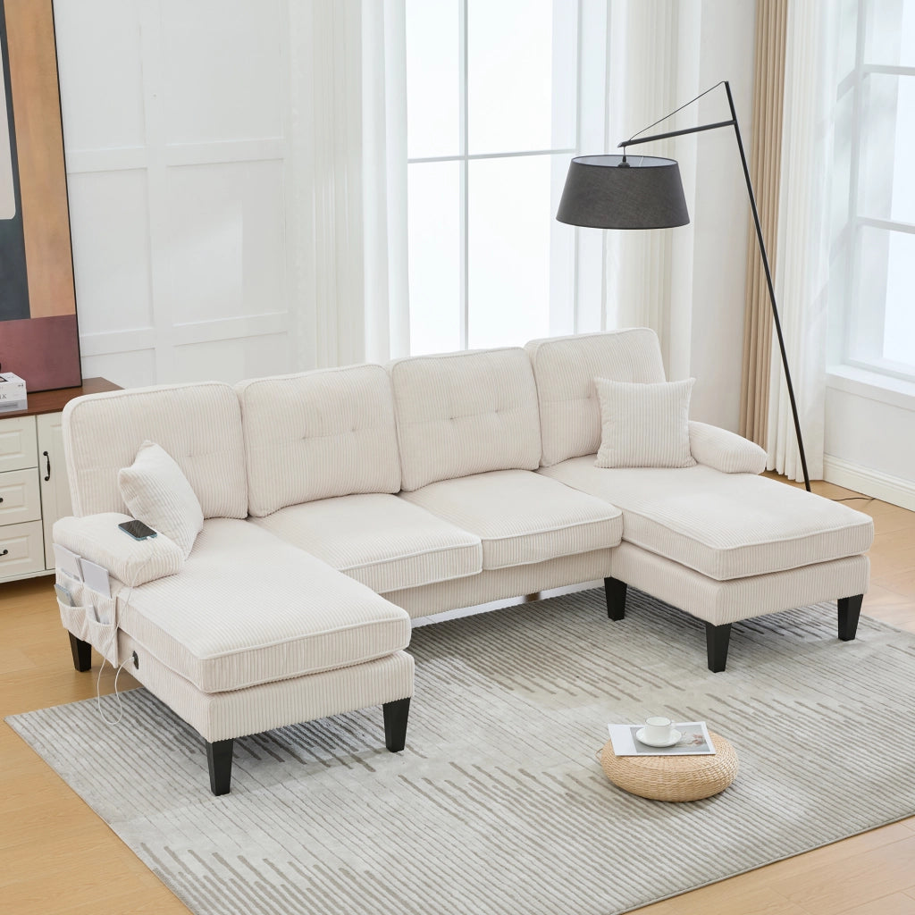 DIVANO A U 4 POSTI 250x130x88 cm in lino beige con 2 chaise longue