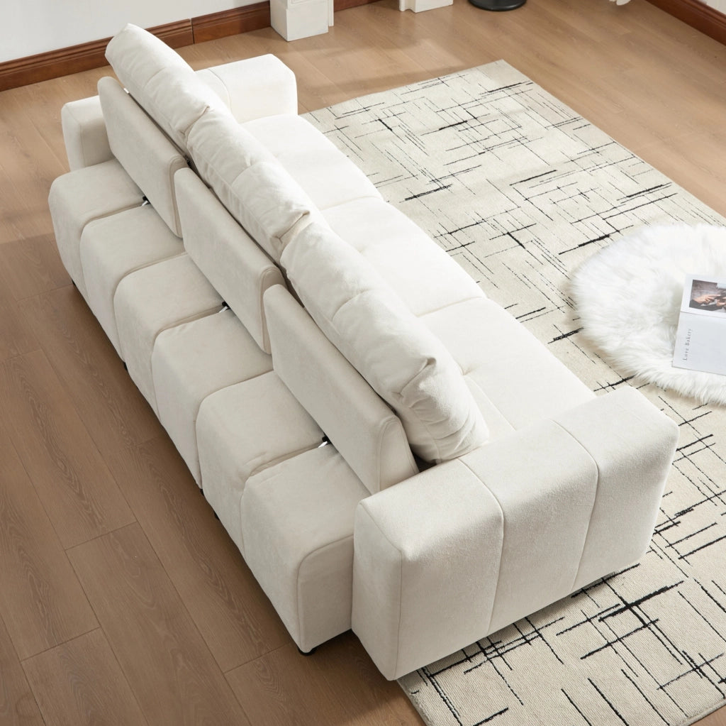 Divano modulare 3 posti convertibile 213 cm in tessuto chenille beige bianco