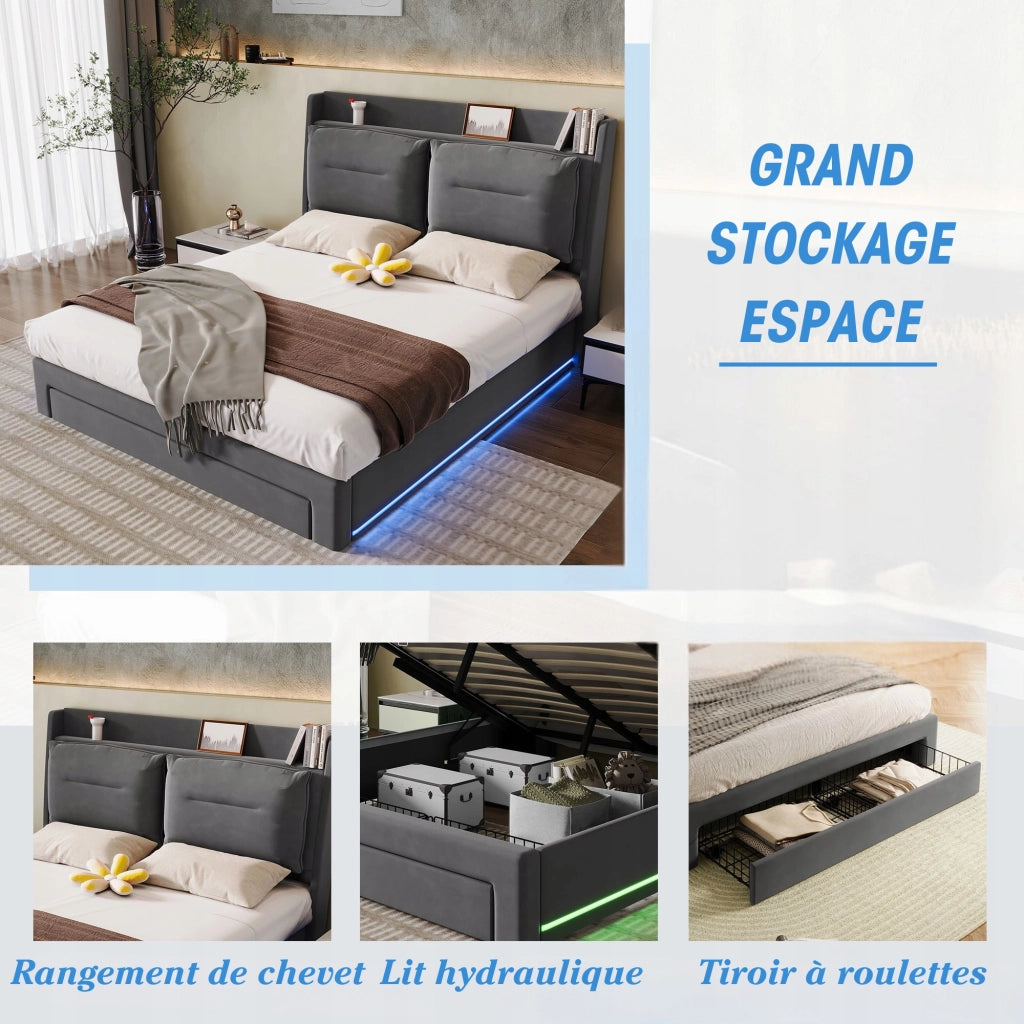 Letto 140x190cm con LED e cassetti - Xylo - Grigio velluto