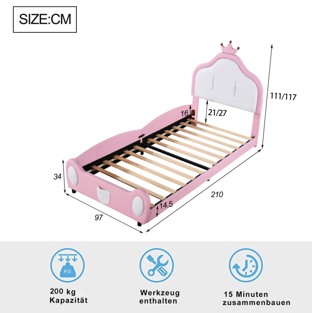Letto imbottito per bambini 90x200 cm con testiera a corona; bianco e rosa