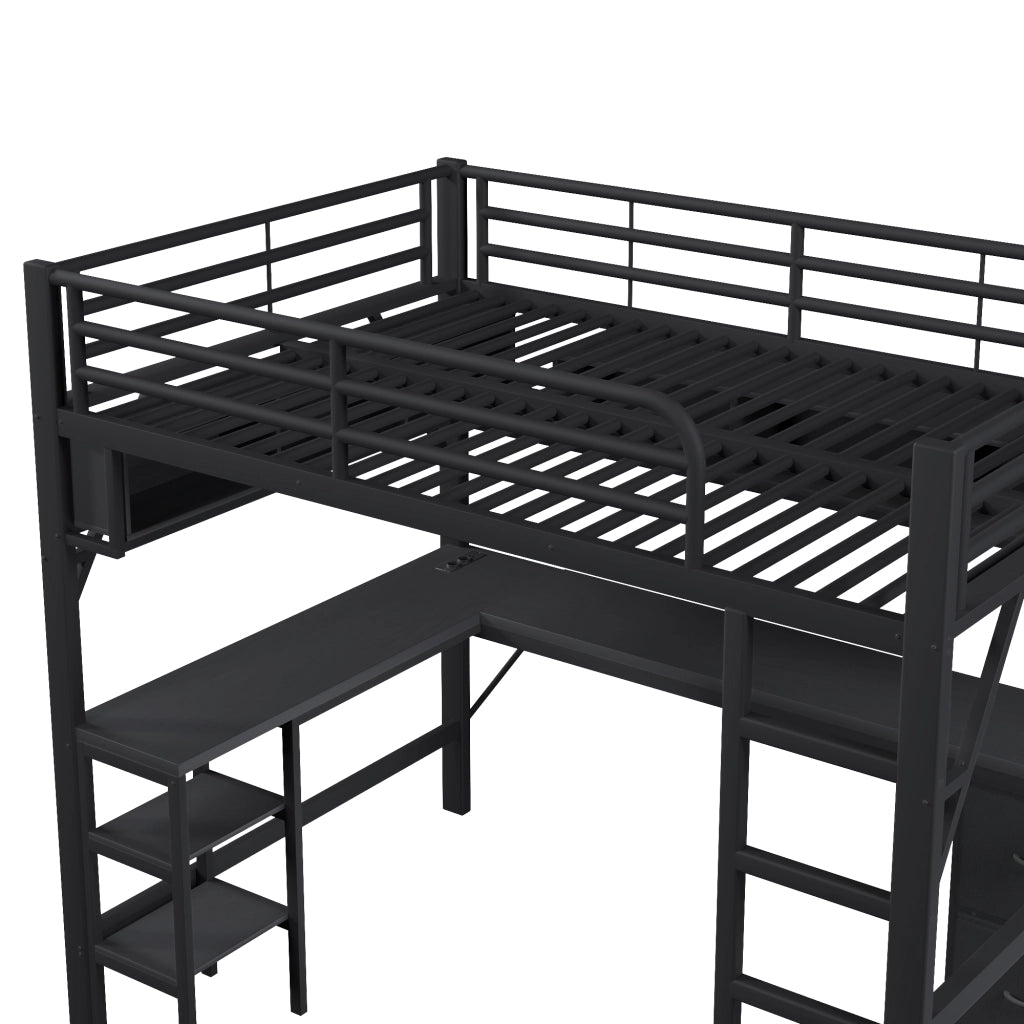 LETTO A SOPPALCO 140x200 cm Nero in metallo e MDF con scrivania e libreria