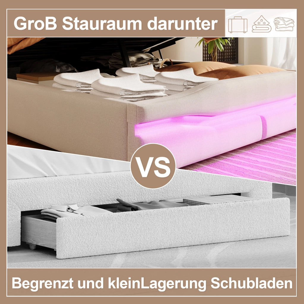 Letto Contenitore Letto Matrimoniale 140x200 cm con USB; Type-C; LED e vano testiera - Beige