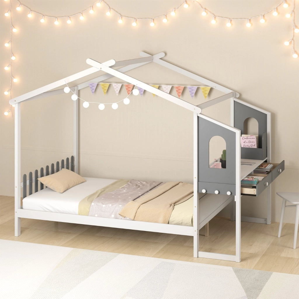 Letto casa singolo con scrivania testiera a staccionata ganci e cassetti-Letto piattaforma in legno Bianco e Grigio