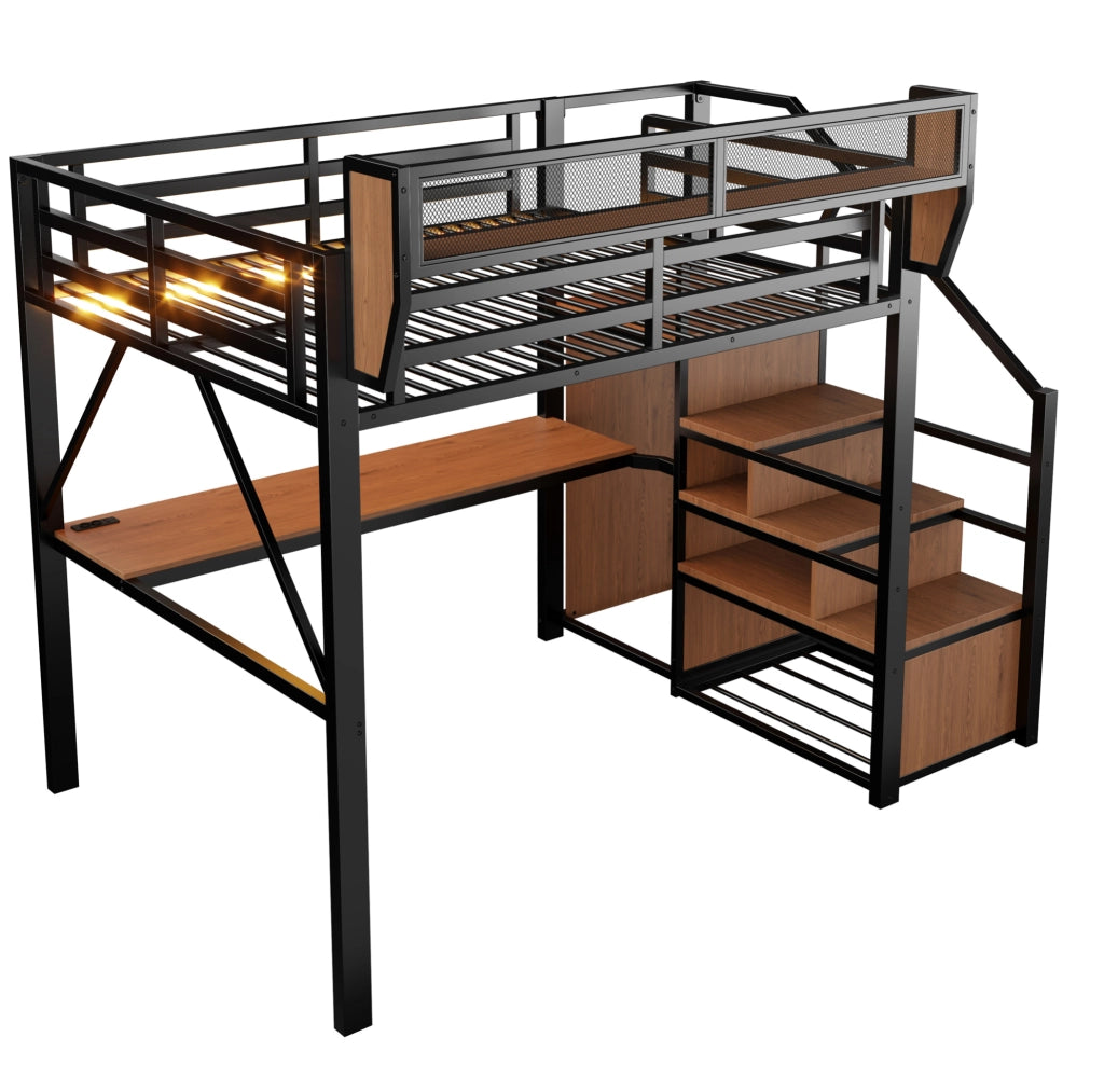 Letto a soppalco 140x200 cm con scrivania, LED e ripiani in metallo e MDF nero