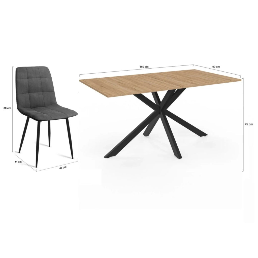 IDMarket - Tavolo da pranzo rettangolare ALIX 160 cm in legno e nero con 6 sedie MILA in velluto grigio scuro