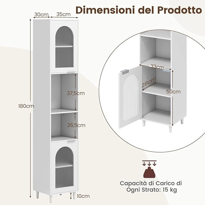 Mobiletto da Bagno, Armadio Alto in Legno con 2 Ante in Vetro Scanalato e Ripiani Regolabile, 35 x 30 x 180 cm, Mobile Salvaspazio per Cucina e Soggiorno