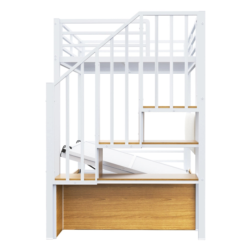 Letto a soppalco multifunzione 90x200 cm bianco in metallo; MDF e compensato; con scala contenitore
