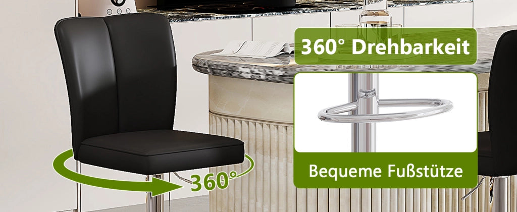 Sgabello da bar regolabile in altezza - Zephmum- Set da 2, 360¡ã girevole, design nero-argento, pelle PU impermeabile