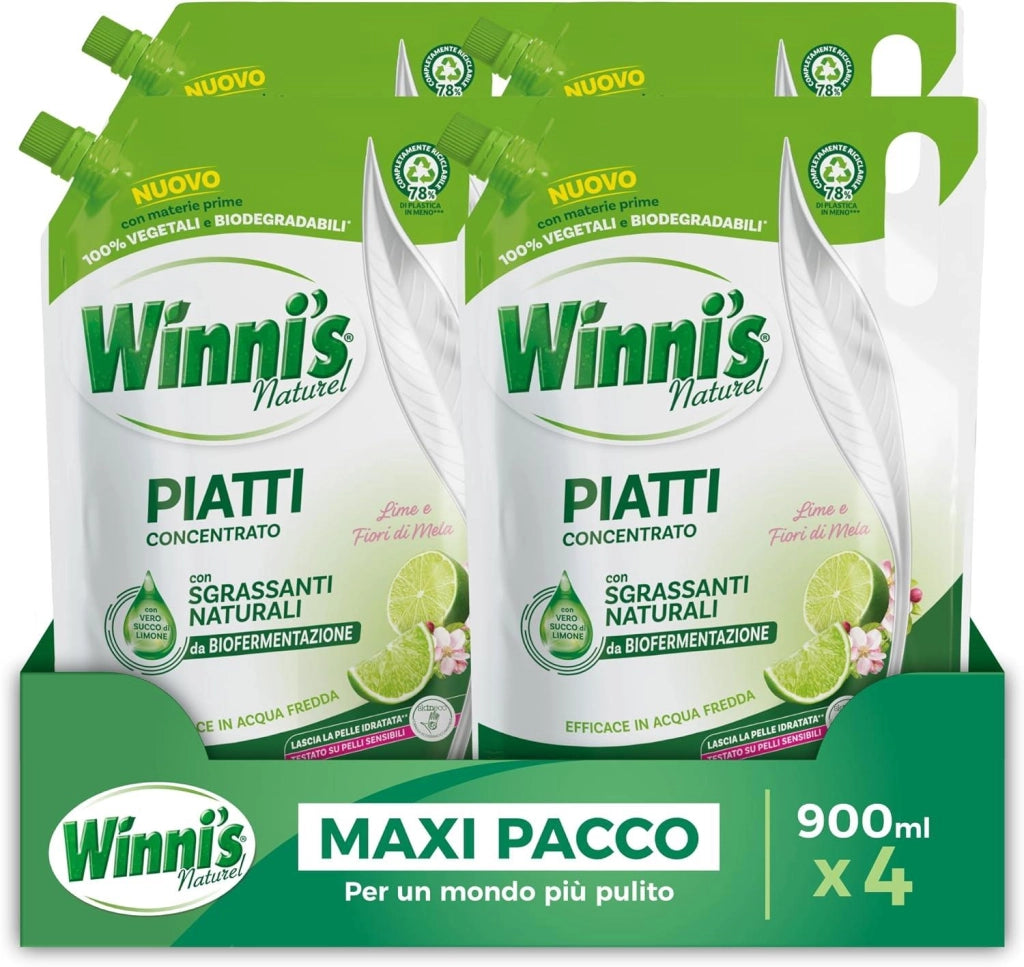 WINNI'S RICARICA SET 4 PEZZI DETERGENTE PIATTI DA 900ML LIME E FIORI DI MELA