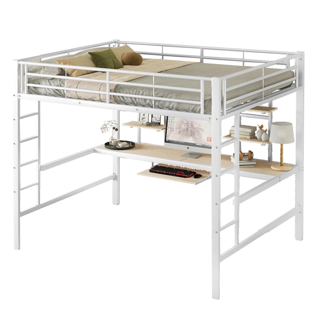 Letto a soppalco 140x200 cm con scrivania e scaffali in metallo e MDF bianco