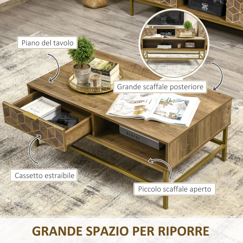 Easycomfort Tavolino da Salotto Rettangolare con Cassetto e 2 Ripiani Aperti, 100x59x42.8cm