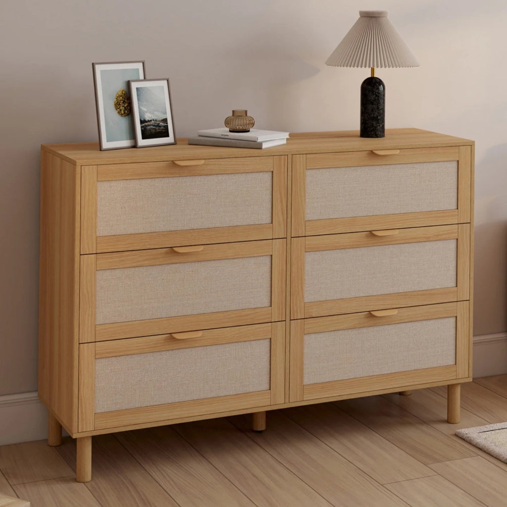 IDMarket - Contenitore ROBIN a 6 cassetti da 115 cm in legno e tessuto effetto lino
