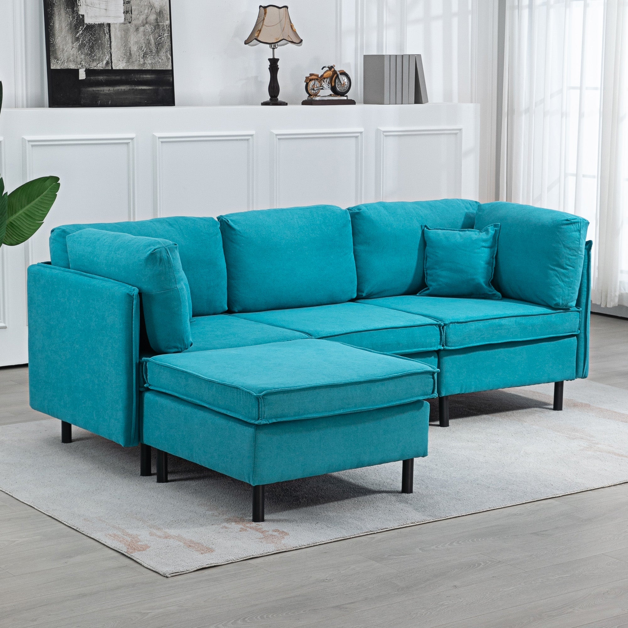 Divano Componibile a L con Braccioli e Poggiapiedi 222x154.5x71 cm in Tessuto Effetto Lino Blu e Nero