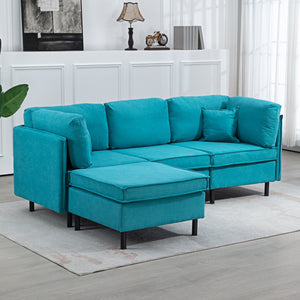 Divano Componibile a L con Braccioli e Poggiapiedi 222x154.5x71 cm in Tessuto Effetto Lino Blu e Nero