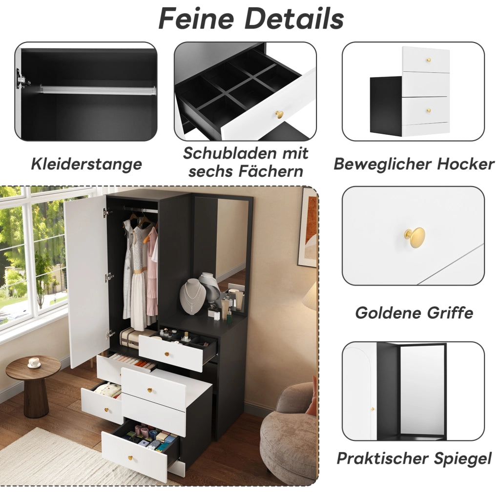 Armadio combinato con specchio a figura intera e sgabello estraibile 90x50;5x160 cm; MDF bianco e nero