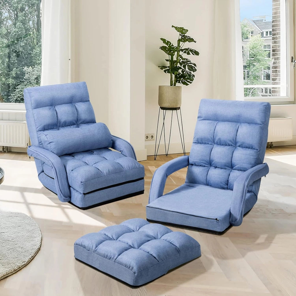 Poltrona Divano con 5 Livelli Regolabili, Sedia da Terra con Braccioli e Cuscino, Struttura in Acciaio, Multifunzione e Pieghevole per Soggiorno Camera da Letto, 55x66x71 cm (Blu)