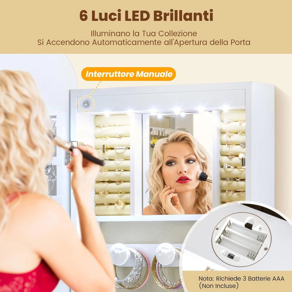 Specchio Portagioie da Parete, con 6 Luci LED, Armadietto per Gioielli a Muro, Ganci e Scomparto, Portagioie Donna Salvaspazio con Serratura per Camera da Letto